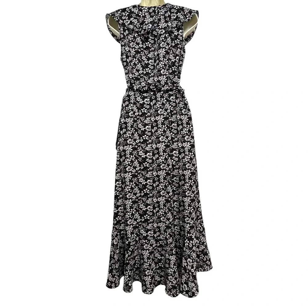 Max Studio Wrap Dress Womens Small Black Floral Dot Ruffle High Low Cottagecore - Picture 14 of 14